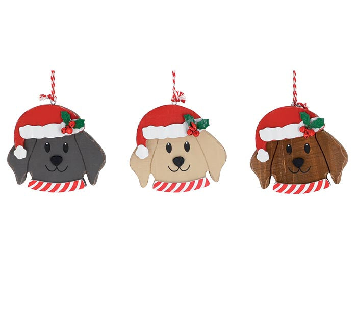 WOODEN DOG ORNAMENTS WITH SANTA HAT