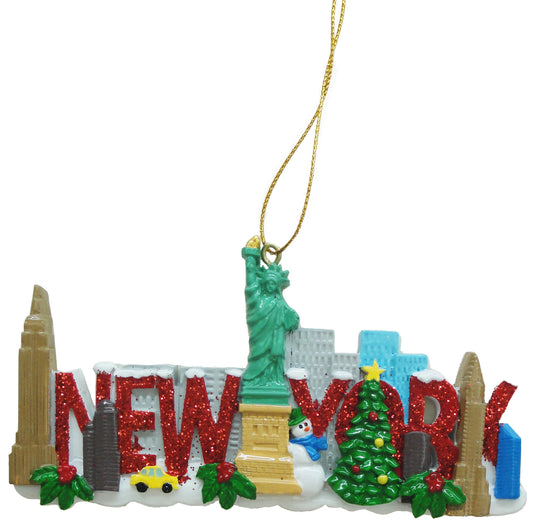 5 Glitter New York Ornament with Empire State Building, Statue of Liberty, Christmas Tree