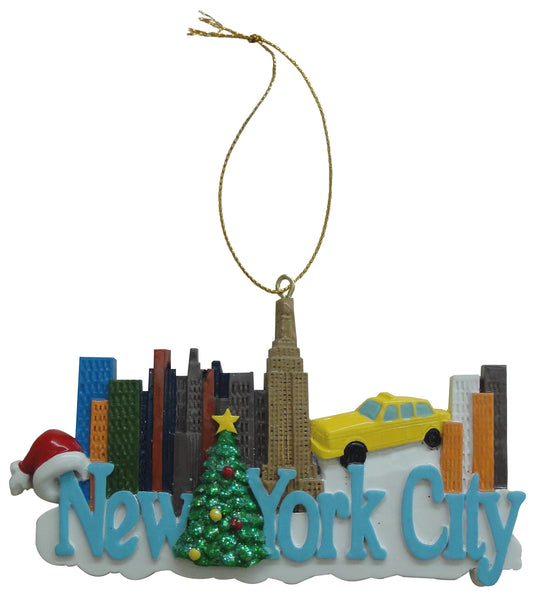 New York Glitter Ornament - 5 with Skyline, Tree, Taxi, NY