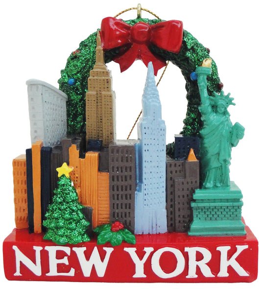 New York 3D Glitter Ornament with Statue of Liberty, Christmas Tree, Skyline