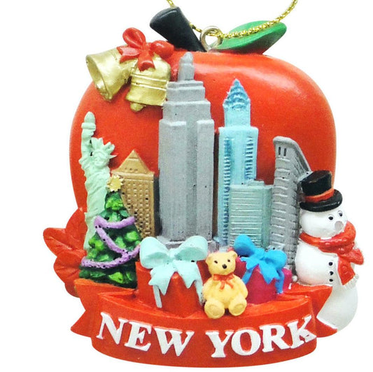 New York X-Mas Poly Ornament Apple with Skyline, Bell, Snowman & Gifts