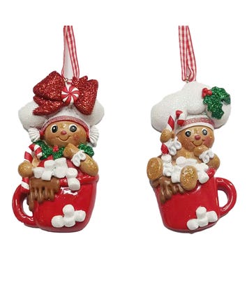 Gingerbread Boy & Girl In Mug Ornaments For Personalization, 2 Assorted