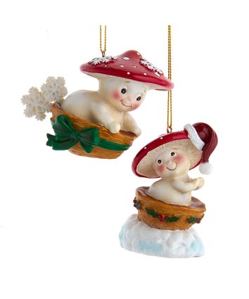 Mushroom Playing In Bowl Sled Ornaments, 2 Assorted