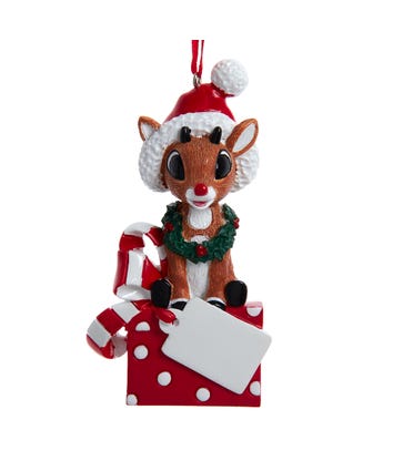 Rudolph The Red Nose Reindeer® On A Present Ornament For Personalization